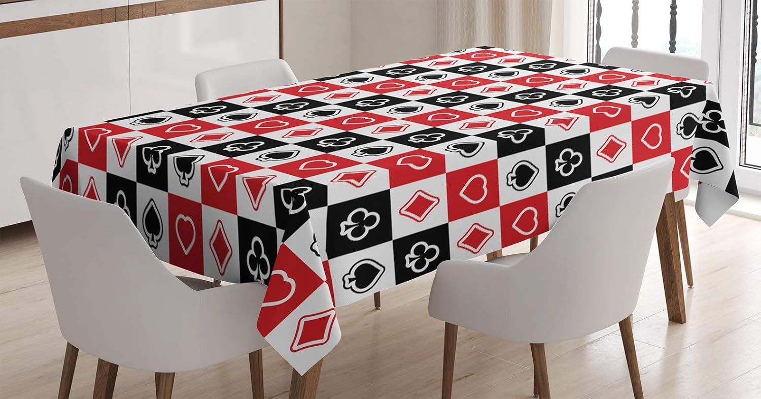 Amazon カジノテーブルクロス カードスーツ広告レジャーラックゲームエンターテインメントリピートイラストダイニングルームキッチン長方形テーブルカバー146cm X 228cm テーブルクロス オンライン通販