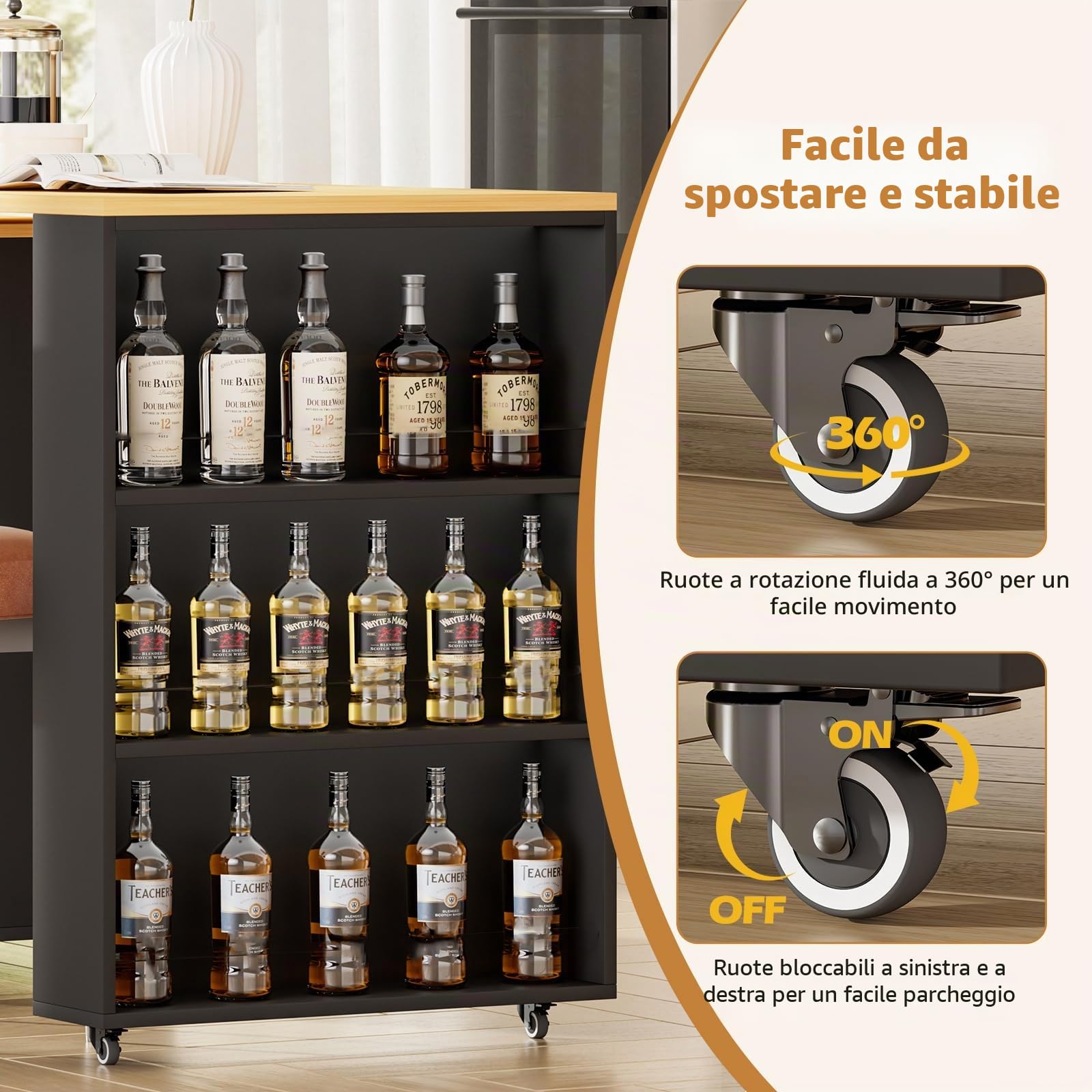 Isola da cucina girevole a 360° con spazio di archiviazione, carrello da cucina portatile, tavolo da bar allungabile, piano di lavoro in acciaio inox, bar per la colazione con armadi e cassetti, per