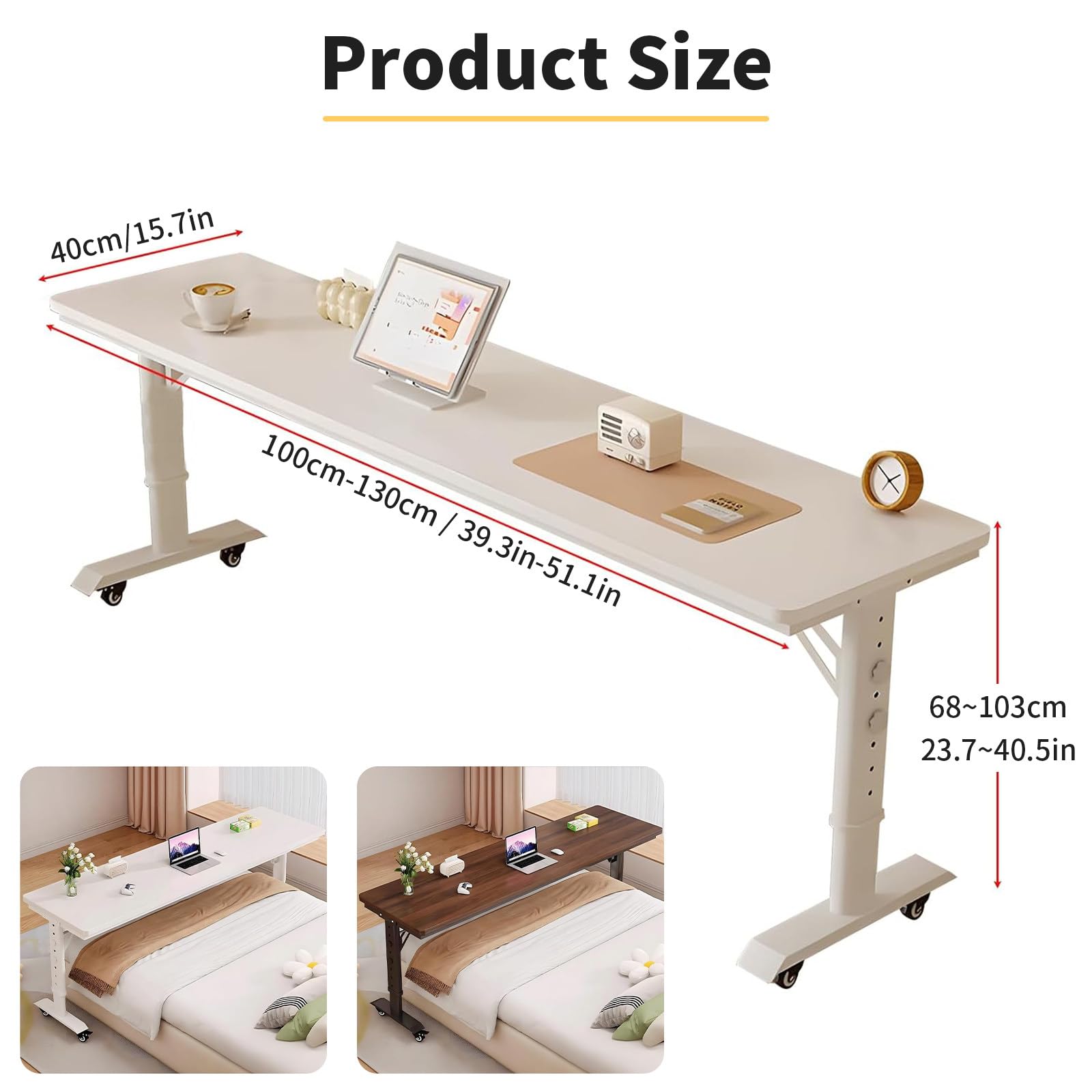 Stolik nad łóżkiem z kółkami, regulowana wysokość 68-103 cm, przenośne biurko do pracy i nauki, blat o grubości 1,5 cm, 100 x 40 x 68 cm