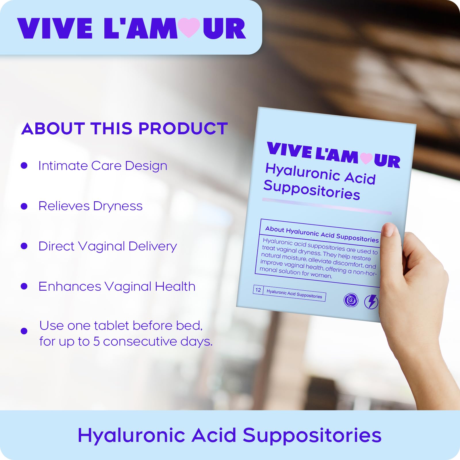 Vive L'Amour 15mg Hyaluronic Acid Vaginal Suppositories, Vaginal Moisturizer, Continuous Hydration, Relieves Vaginal Dryness, Restores Natural Softness & Elasticity, Vaginal Health (12 Inserts)