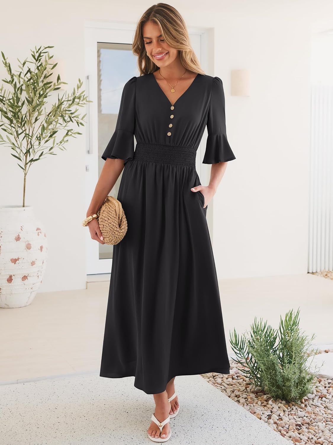 ANRABESS Womens Maxi Dress 2026 Summer Boho Ruffle Sleeve V Neck A Line Elastic Waist Flowy Wedding Guest Party Long Dresses - Image 3