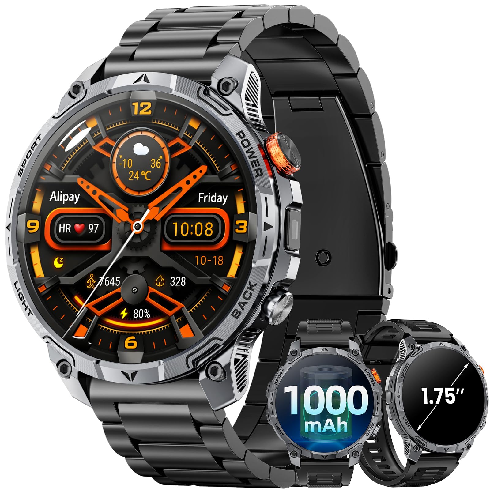 Militär Smartwatch Herren, mit1000-mAh-Akku/2 Armbändern/1,75" HD Großes Display Sportuhr/110+ Sportmodi Fitnessuhr/LED Taschenlampen/24/7Herzfrequenz/Schlafmonitor/IP68 Wasserdicht für iOS Android