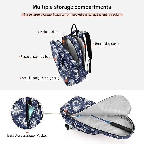 Miniatura 5 de Mochila de tenis para adultos, ligera, estilo bohemio, luna, color azul oscuro, bolsa de remo de pickleball para mujeres, hombres, adolescentes,