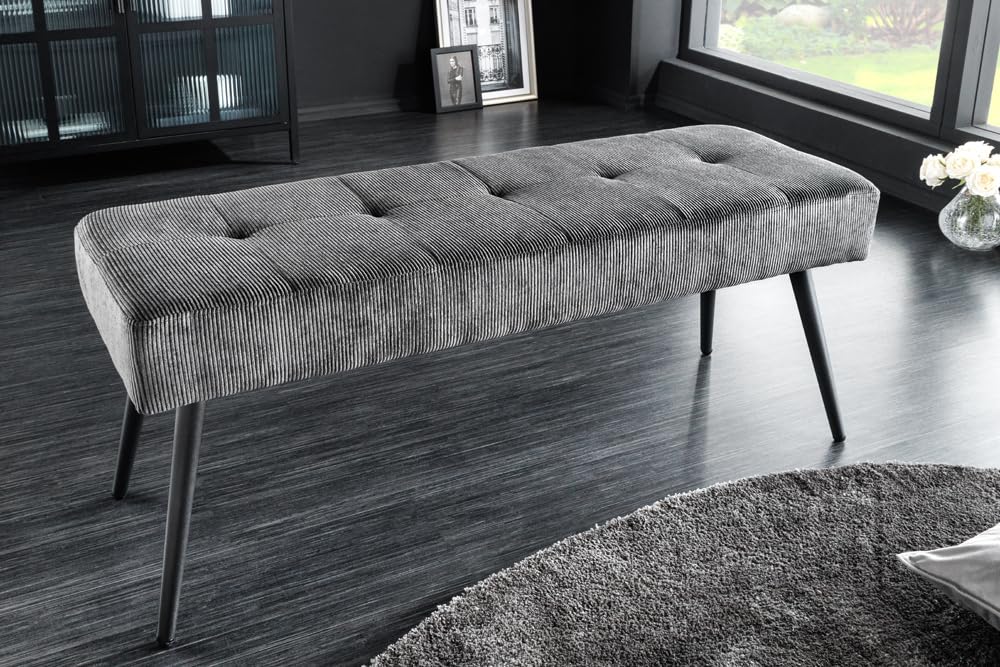 Riess Ambiente Design Sitzbank Boutique 100cm dunkelgrau Cord Schwarze Metallbeine, Polsterbank in modernen Stil, Flurmöbel, Esszimmerbank