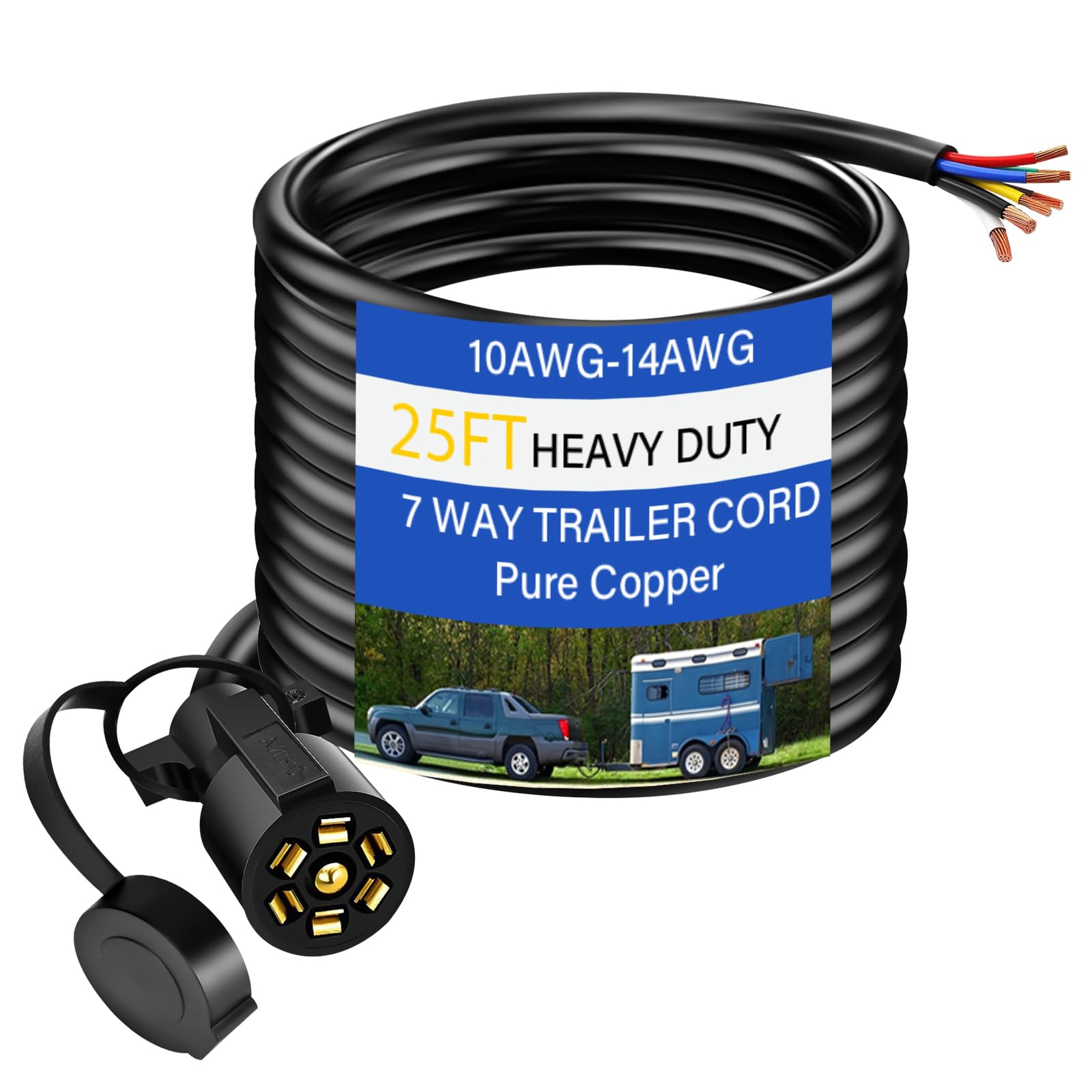 25 FT Heavy Duty 7 Way Trailer Cord Pure Copper Inline 7 Pin Trailer Plug