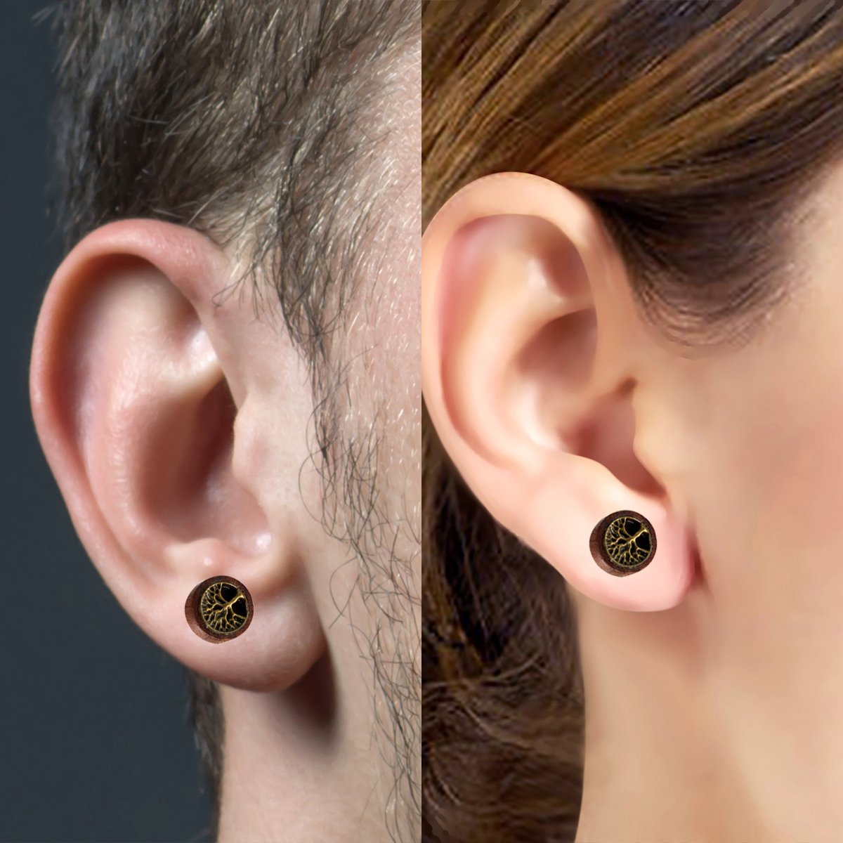 Flongo - Pendientes de acero inoxidable, madera, retro, árbol de la vida, león, cabeza de fantasía, pendientes de color marrón para hombre y mujer