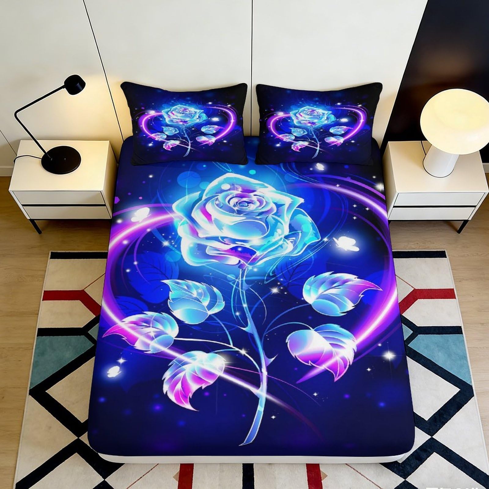 3D Printed Blue Neon Rose Fitted Sheet Microfiber Soft Bedroom Bed Sheet Cosmic Fantasy Mattress Cover Decor 90x200x25cm