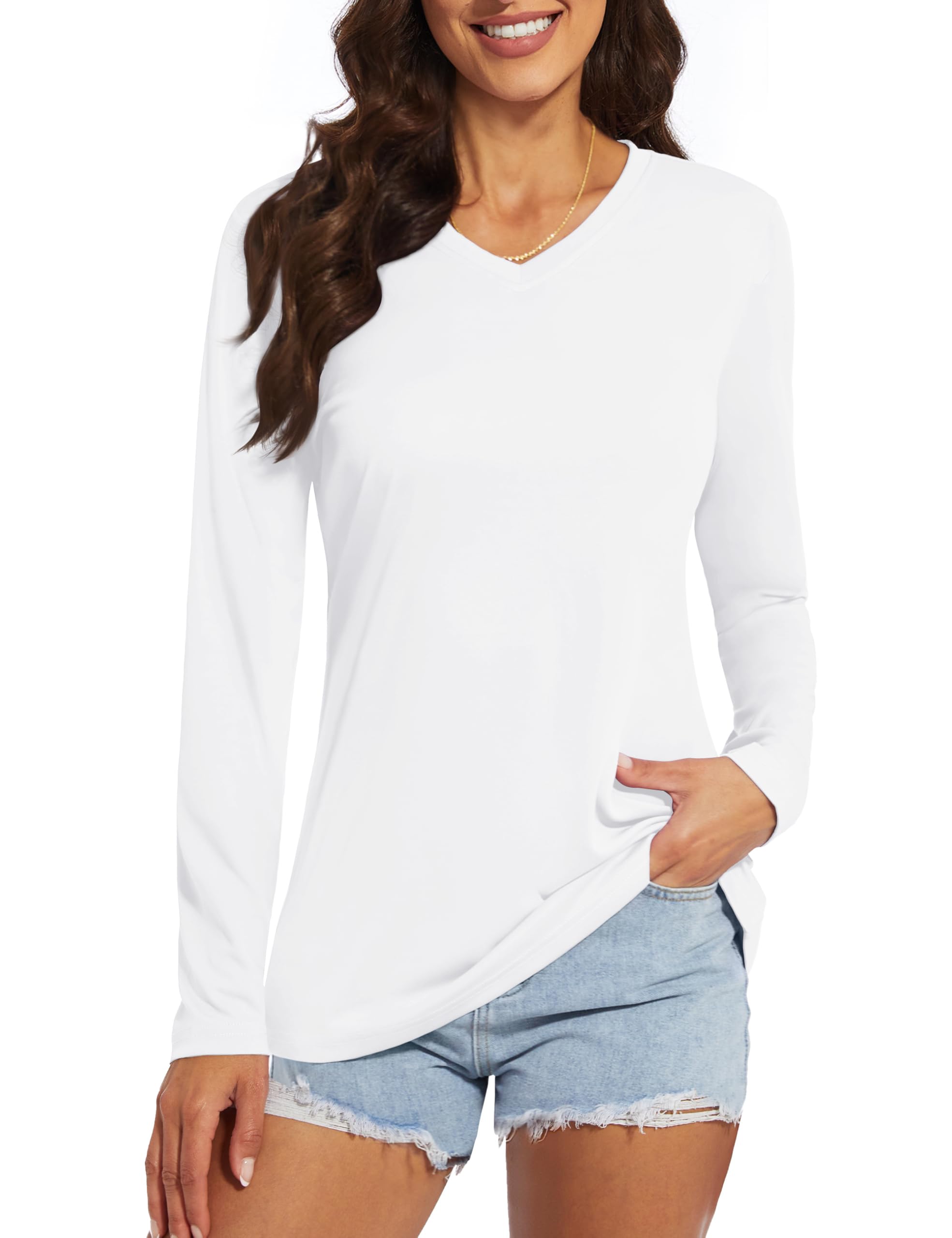 Women's Long Sleeve V Neck Workout Tops UPF50+ Sun Protection Moisture Wicking Lightweight Swim T-Shirts