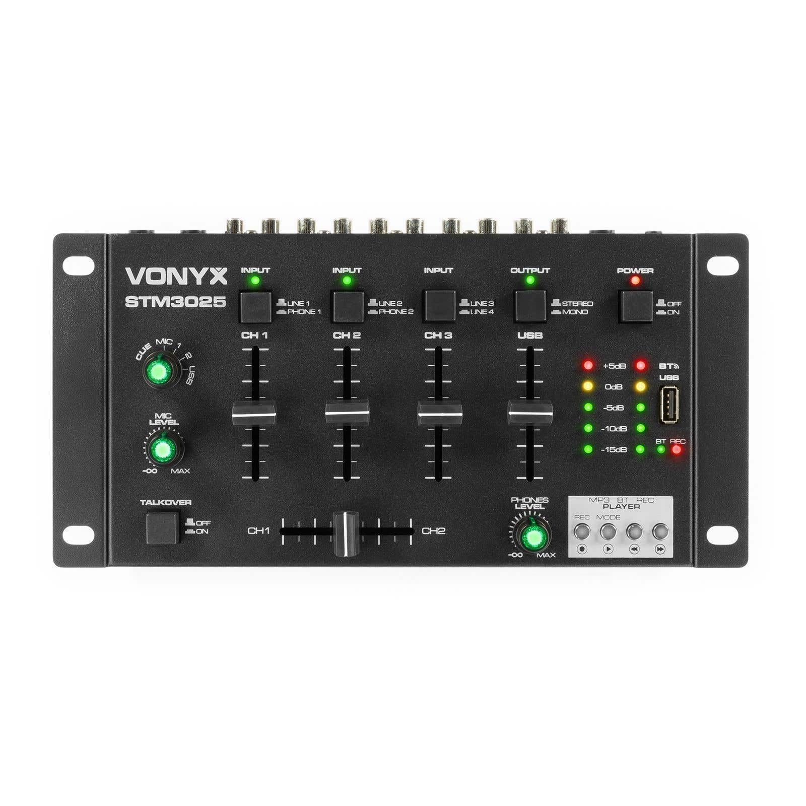 Vonyx STM3025 Table de Mixage 4 Canaux - USB, Technologie sans Fil Bluetooth, 4 Entrées Ligne RCA, 2 Entrées Phono, 2 Entrées Microphone Jack 6,35mm, Sortie Casque et Master, Idéal pour DJ
