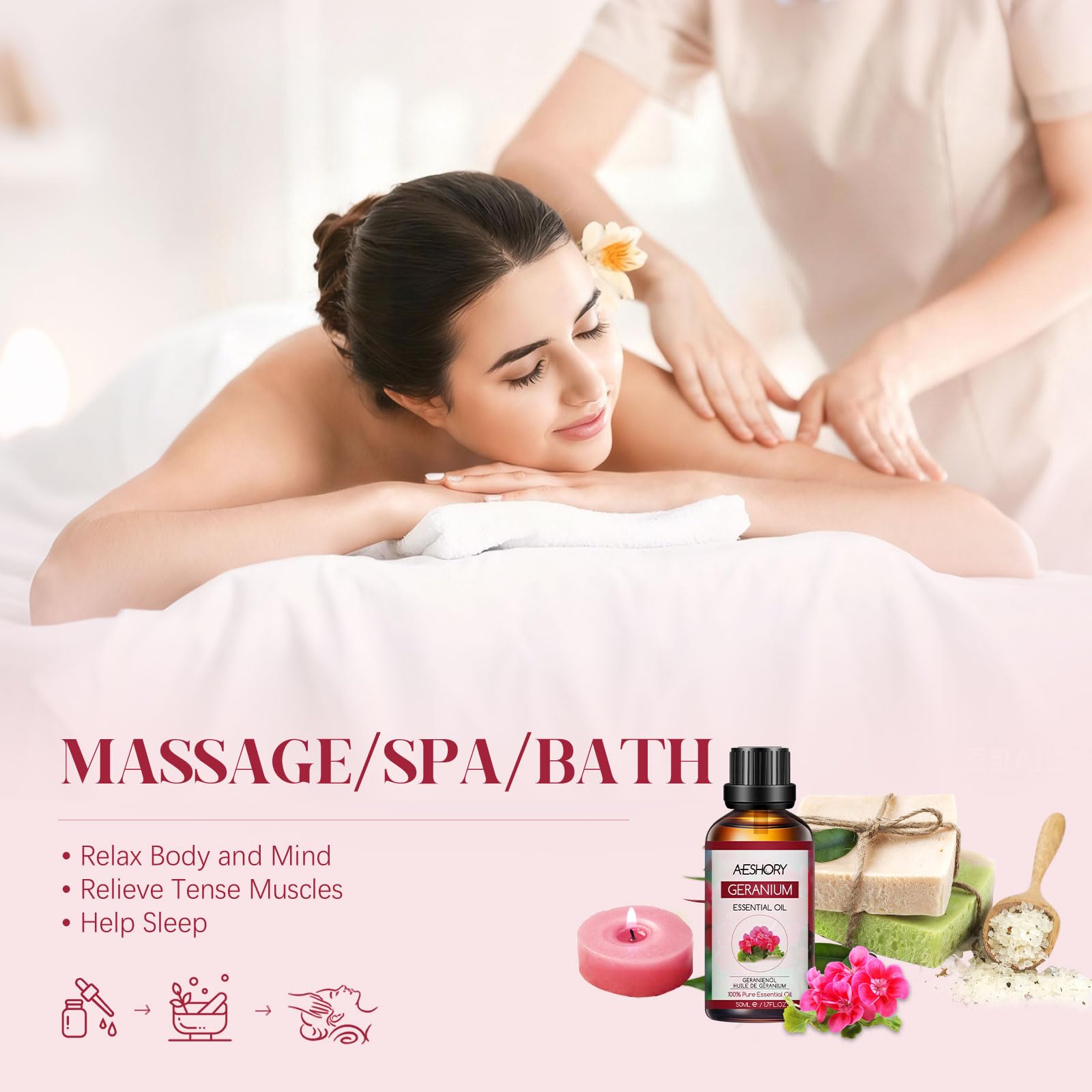 AESHORY Olio Essenziale di Geranio 50ML, Naturali Olio di Geranio, Olio Profumati Aromaterapia Premium per Diffusori, SPA, Massaggio, Cura della Pelle