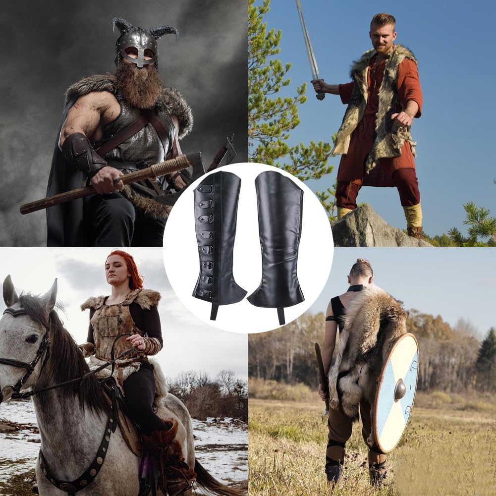 GORGECRAFT 2pz Fundas para Piernas Piratas de Cuero Negro Protectores Medievales para Piernas Polainas Retro Renacentistas Fundas para Botas de Cuero Sintético Envolturas para Botas Halloween Cosplay