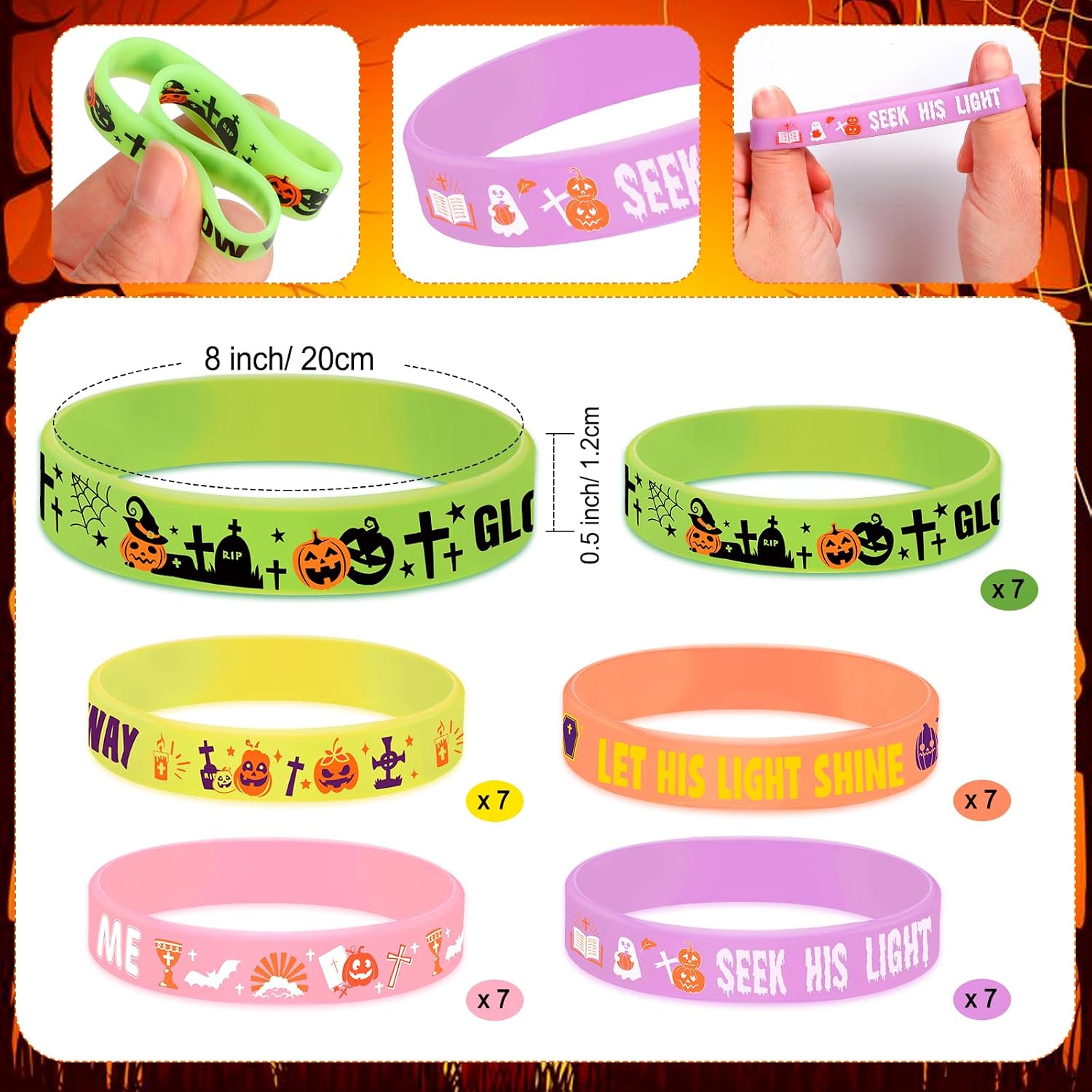 HOWAF 35pcs Christian Halloween Bracelets, Glow in the Dark Bible Verse Silicone Bracelets, Christian Pumpkin Wristband for Religious Halloween Party Supplies, Jesus Hallows' Eve‌ Wristbands