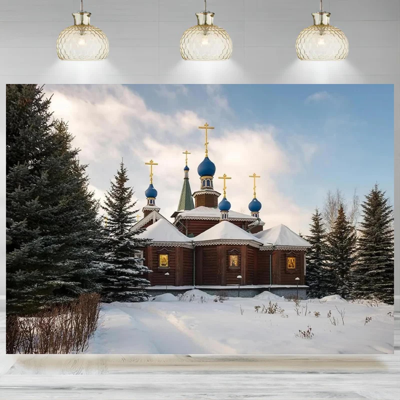 Tło kościoła Epiphany Krzyż Śnieżny krajobraz zima tło fotograficzne Epiphany Banner 440 x 300 cm