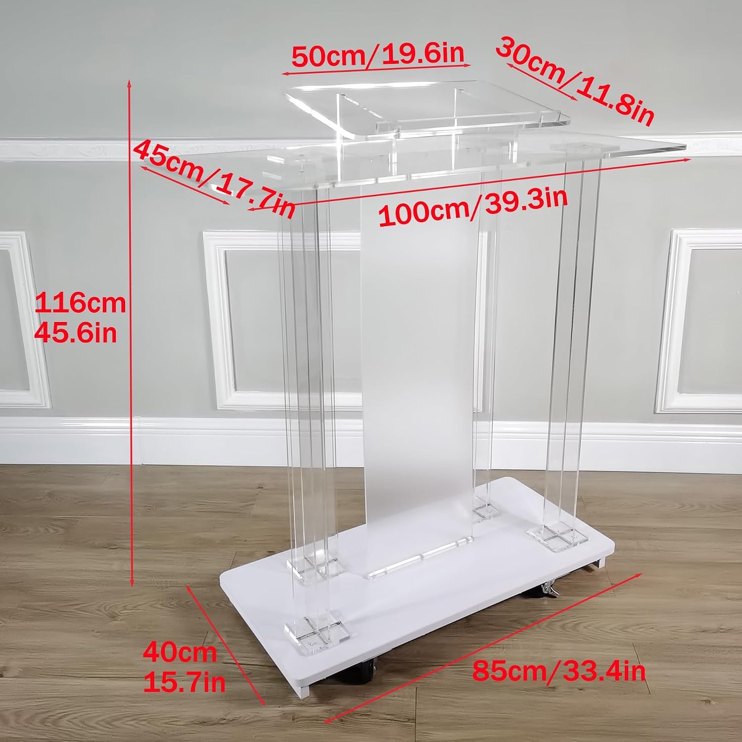 Acrylic Podium Stand,Modern Reception Desk,Portable Teaching Pulpit for Classroom,Church Pulpito with Wheels,Vertical Lectern Table Reading Platform with LED,Hostess Stand,for Lecture,Wedding Speech
