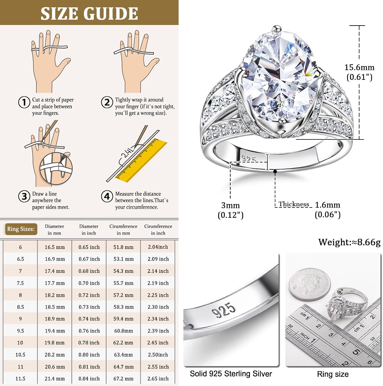 Emerald/Sapphire/Ruby/Tourmaline Rings for Women, 925 Sterling Silver Gemstone Engagement Anniversary Ring Big 6.5-8.5 Carat Birthstone Ring, Size 6 to 10 (Send Gift Box)