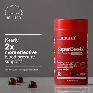 HumanN SuperBeets Heart Gummies Zero Sugar - Beet Gummy with Energy Support, Grape Seed Extract & Beetroot Powder - 60 Count
