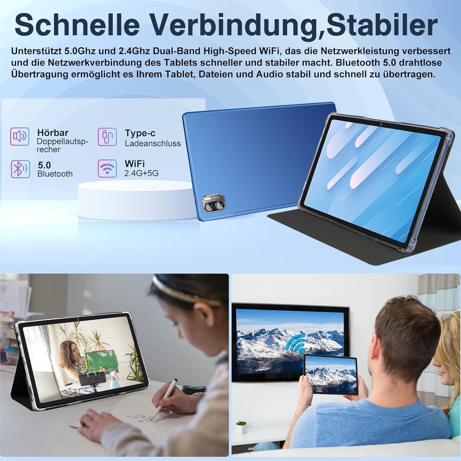 2026 Neueste Tablet Android Gemini AI Tablet 2K Bildschirm 16GB RAM + 256GB ROM + TF 2TB Octa-Core / 2000 x 1200 Pixels / 8600 mAh / 5MP + 13MP / 5G WLAN/Bluetooth 5.0, mit Maus Tastatur Blau