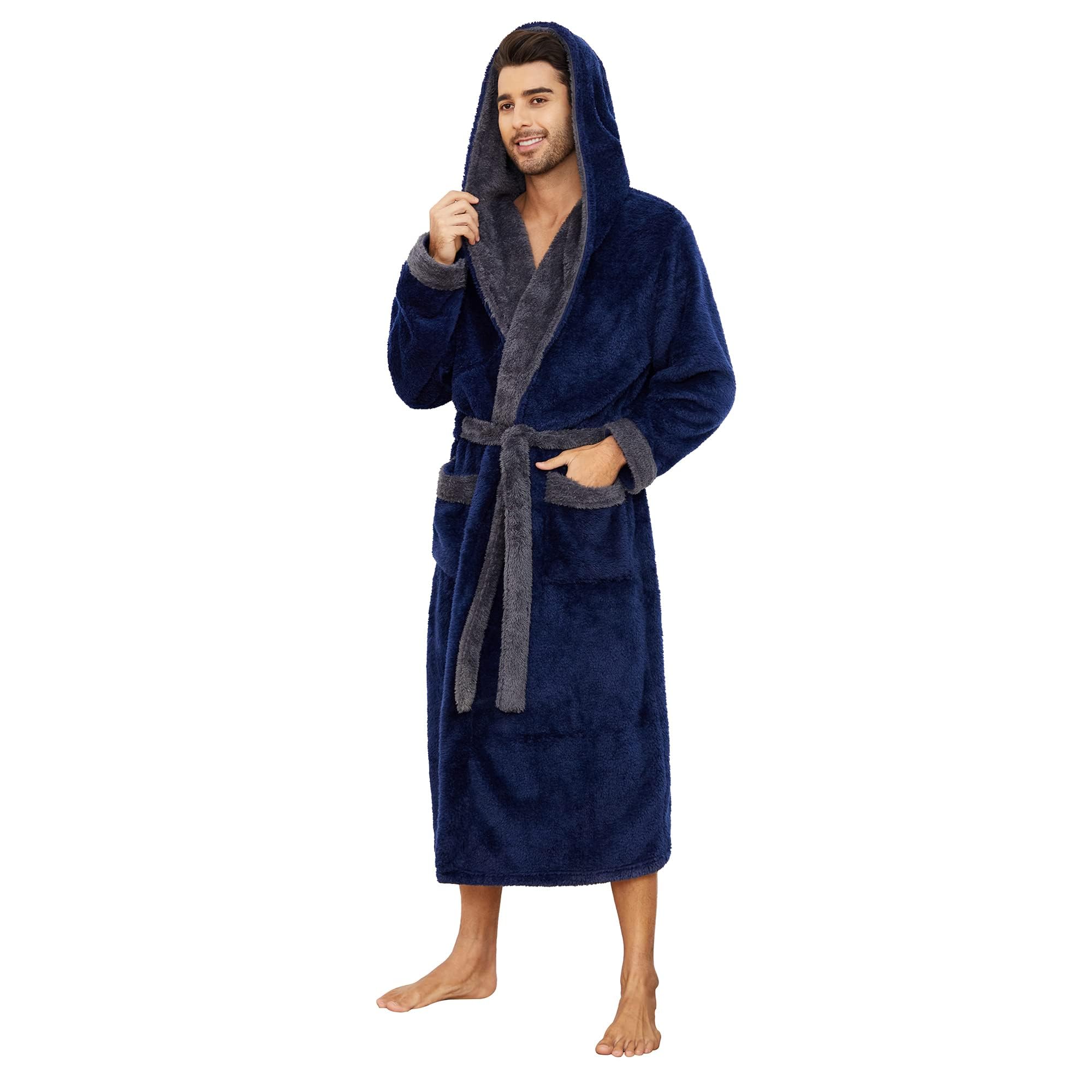 Mens Robe Big and Tall with Hood,Full Length Plush Robe for Men Long Fleece Bathrobe, Navy/Light Grey, Large-X-Large