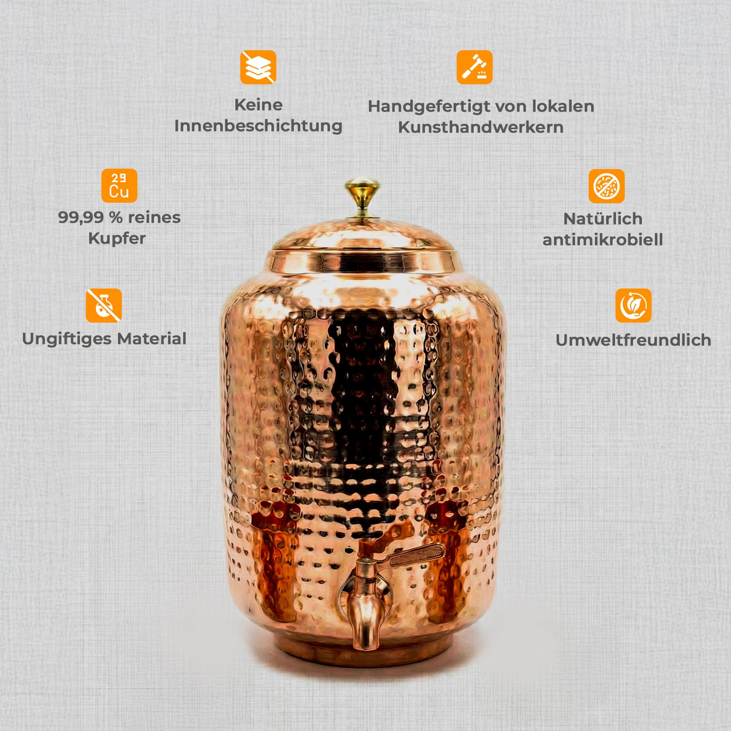 Distributeur d'eau en cuivre 5 l avec 2 tasses et support, réservoir cuivre pur, robinet anti-fuite