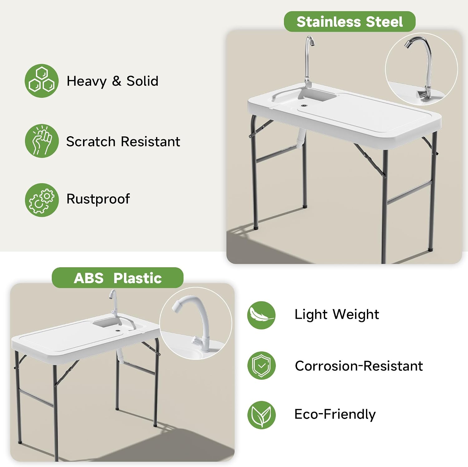 Fish Cleaning Table with Sink – Heavy-Duty HDPE, Waterproof & UV-Resistant, Portable Outdoor Sink with Hose Hook Up for Camping, Picnic, Backyard Without Grid Rack thumbnail