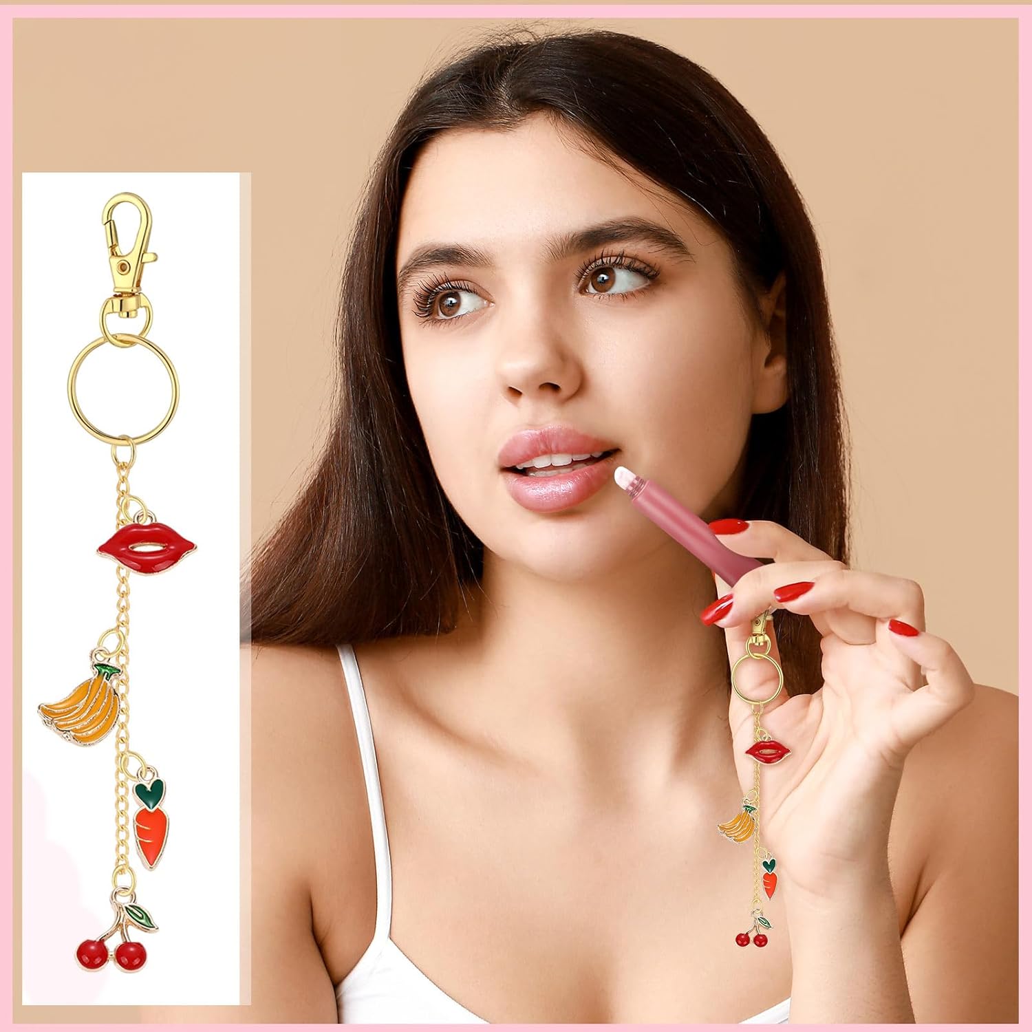 VioraWhite 213 Pcs Lip Gloss Keychain Making Kit 100 Pink Enamel Charms 32.81 ft Gold Chains for DIY Crafts Women(Stylish) - Image 6