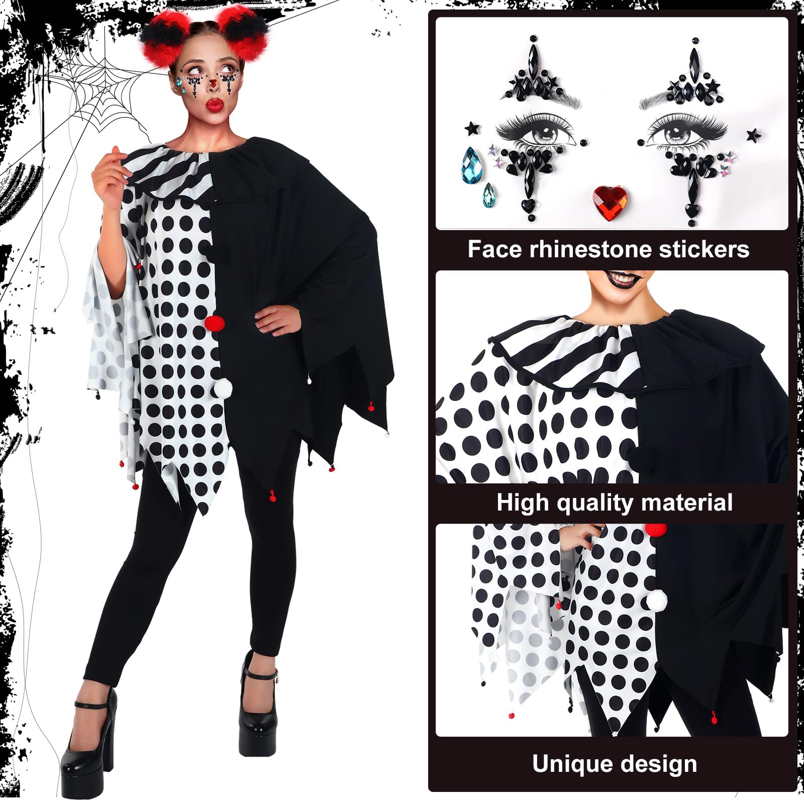 Ramede 8 Pcs Women's Scary Poncho Clown Costume Set Includes Poncho Costume, Clown Wig, Face Jewel Rhinestone Stickers for Women Halloween Accessories