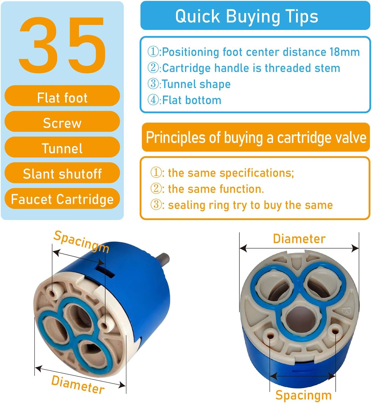 35mm Ceramic Faucet Cartridge Replacement, 35mm Faucet Cartridge Replacement for Single Handle Kitchen Basin Shower Faucets, Ceramic Faucet Valve