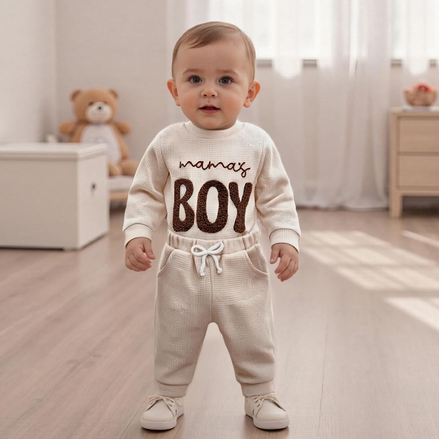 allshope Newborn Baby Boy Fall Outfit Romper Long Sleeve Letter Embroidery Jumpsuit Bodysuit Pants Infant Waffle Clothes Set image 5