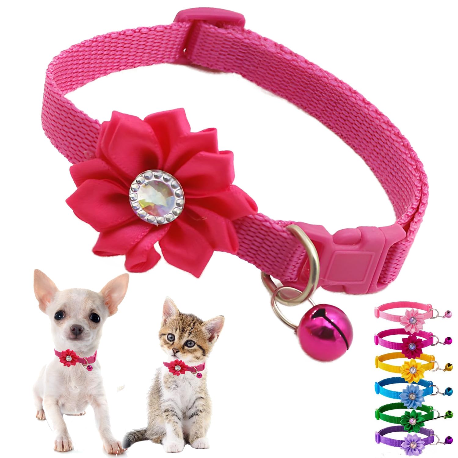 Hot Pink XXS Dog Collar with Bell and Flower, Floral XS Kitten Collars with Bell Girl Puppy Collar Cute Adjustable for XSmall Extra Small Female Dogs