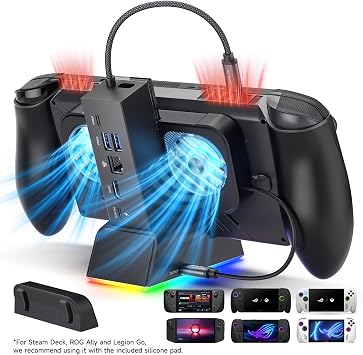JSAUX Docking Station for ROG Ally X/ROG Ally/Steam Deck/Legion Go, 7-in-1 Dock for ROG Ally X with RGB Cooling Fan, HDMI 4K@120Hz, Gigabit Ethernet, Dual USB & USB C 3.0, 100W PD Charging - HB0705
