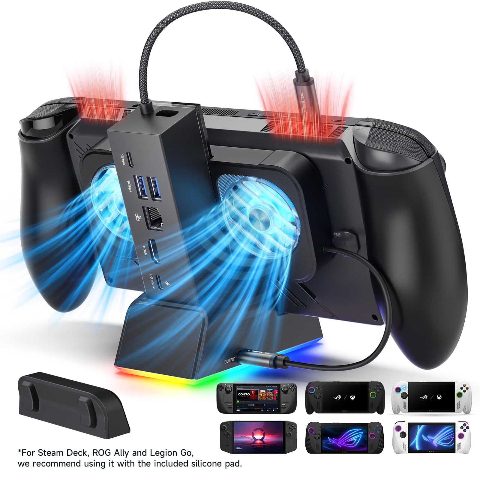 JSAUX Estación de acoplamiento para ROG Ally X/ROG Ally/Steam Deck/Legion Go, base 7 en 1 para ROG Ally X con ventilador de refrigeración RGB, HDMI 4K a 120Hz, Gigabit Ethernet, USB dual y USB C 3.0