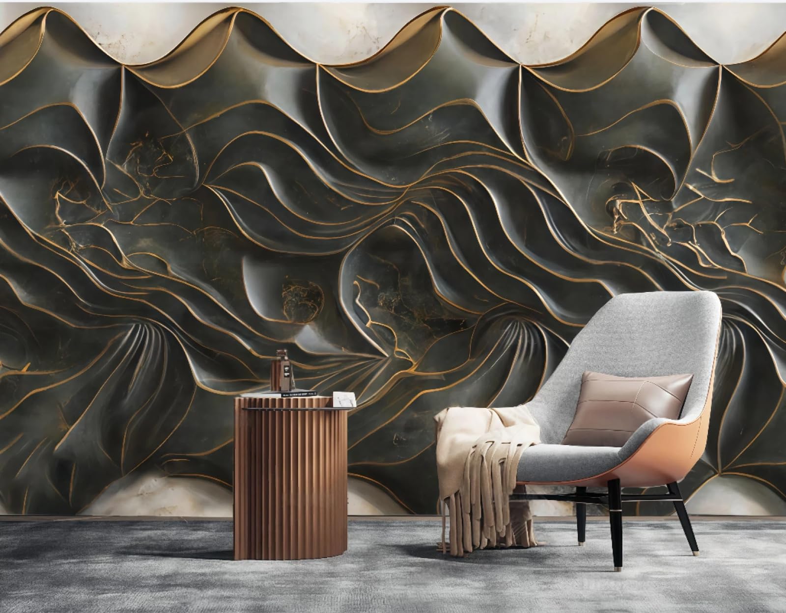 Tapeta sztuka nowoczesna rzeźba złota linia falowanie relief abstrakcyjny ciemnozielony marmurowy wzór TV sofa tło tapeta ścienna salon restauracja kawiarnia mural, 3D, 400 x 280 cm
