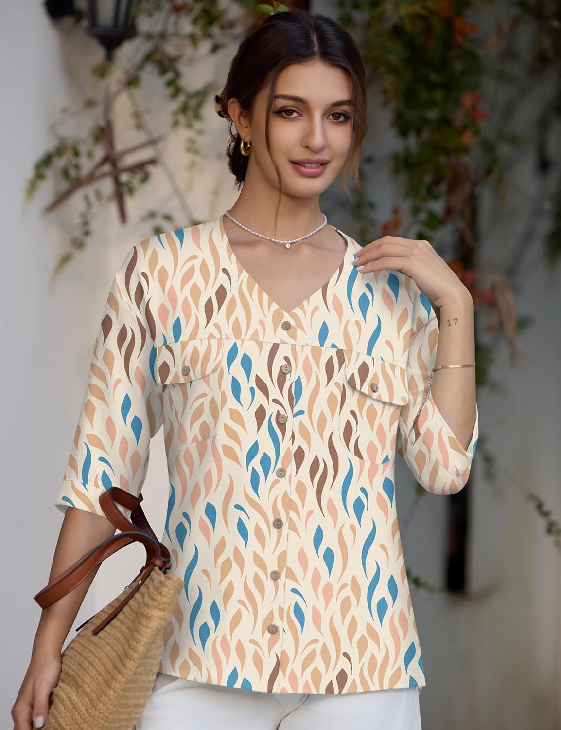 LOMON Women's Button Down Shirts Summer 3/4 Sleeve V Neck Blouses Lightweight Casual Office Work Tops with Pockets - Image 2