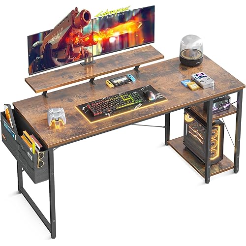 ODK 63 Inch Home Office Computer Desk with Monitor Stand and Reversible 2-Tier Storage Shelves, Modern Laptop Workstation with Splice P2 Grade Wooden Board, Vintage