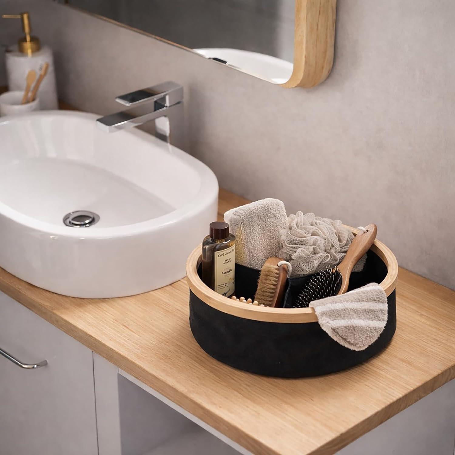 Round Foldable Storage Basket with Bamboo Frame and Black Fabric, 3-Compartment Organizer for Home and Office, Ideal for Bathroom Accessories, 12x12x4 inches, Set of 1
