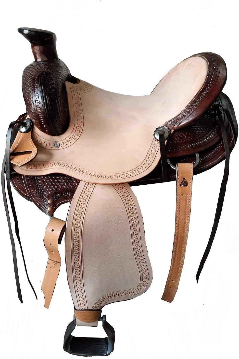 Western Horse Saddle Wade Tree A Fork Ranch Roping Work Handmade Tooled Carved Premium Leather Equestrian Trail Horse Saddle for Horse Riding Size: 10-18 inches Seat, OS59