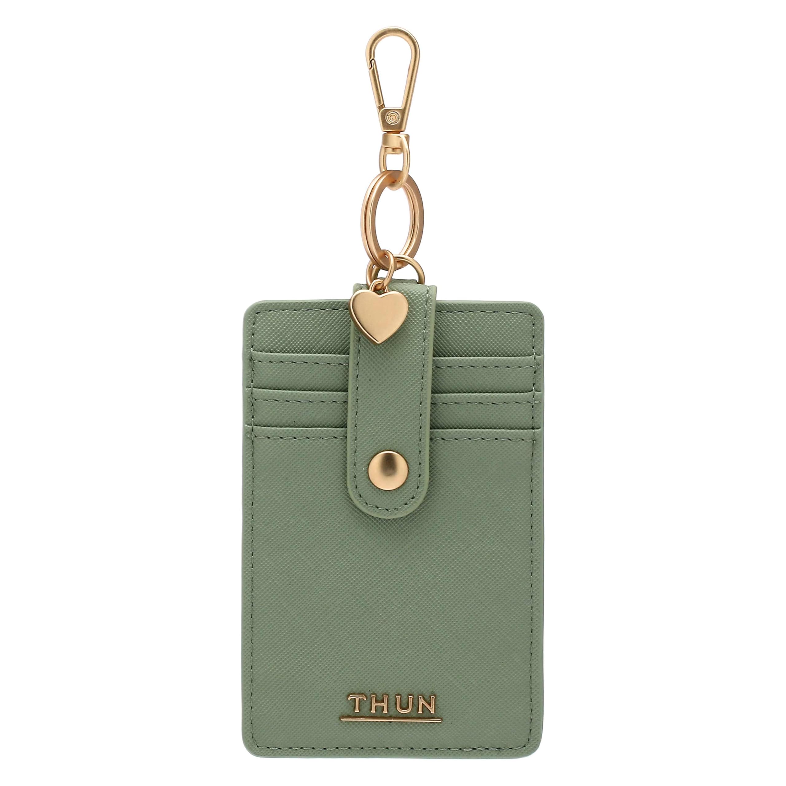 THUN - Card Holder with Hook, Green - Faux Leather - Always with me Collection - 7.5 x 11 cm