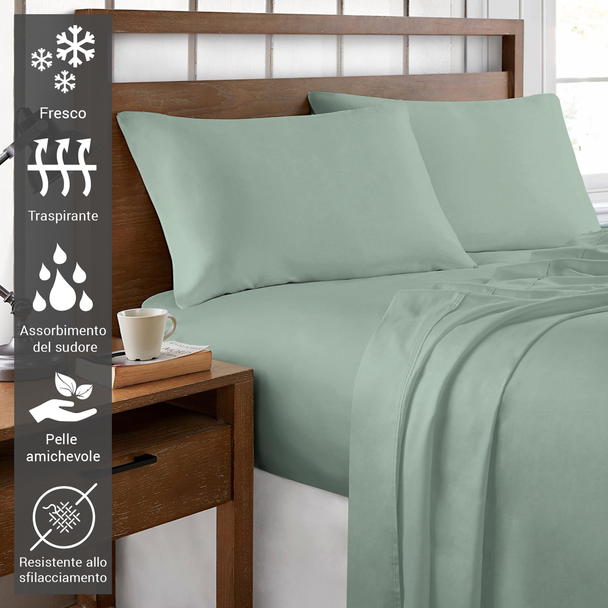 Pizuna Set lenzuola letto matrimoniale Cotone 140x200 cm Schiuma Marina, 400 fili con trama Sateen in 100% Cotone a fiocco lungo Completo lenzuola con 1 lenzuolo con angoli, 1 lenzuolo sopra, 2 federe