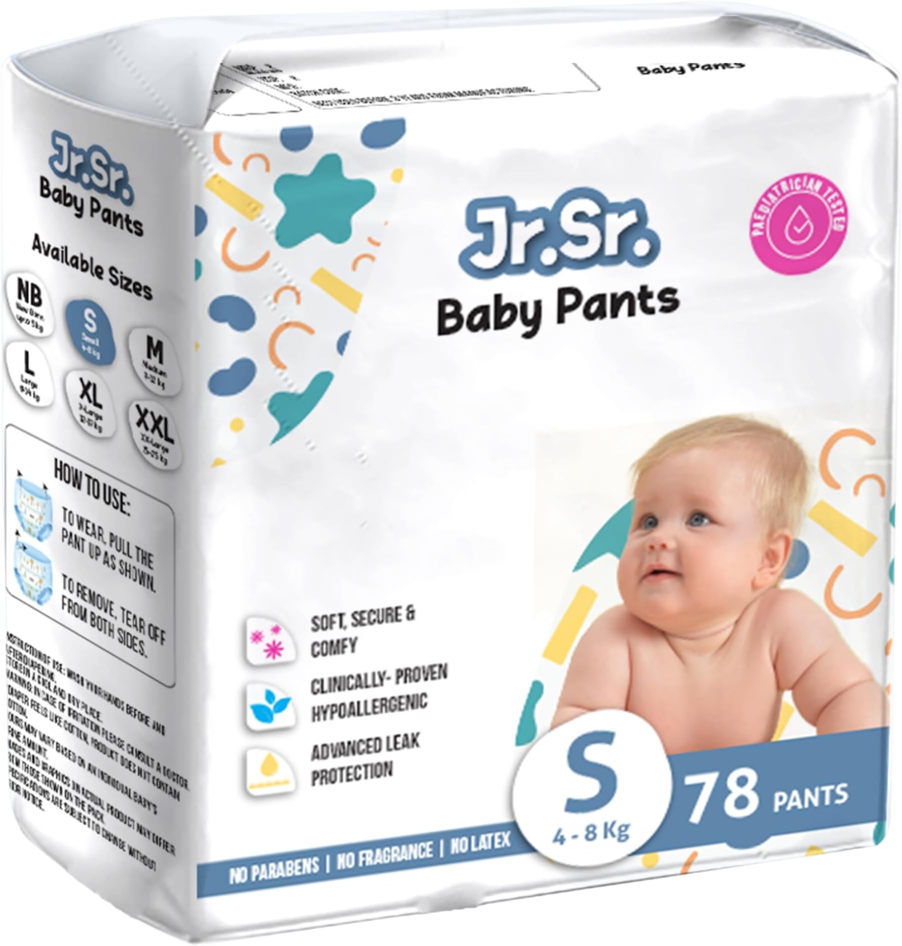 Jr. Sr. Baby Diaper Pants | Small (S) Size (4-8 kg), 78 Count | Pack of 1 | Upto 12 hr Absorption with Advanced Leak Protection | Safe For Babies Skin | Soft, Secure & Comfy