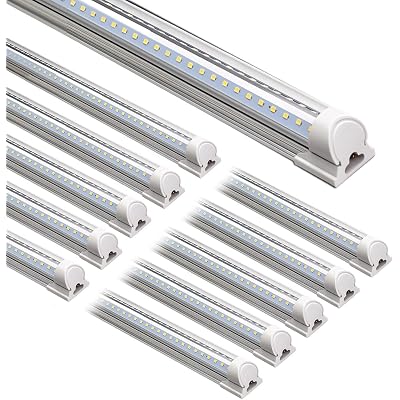 Barrina LED Shop Lights 8FT, 72W 10000LM 5000K, Daylight White, T8 LED Garage Lights, V Shape Clear Cover, High Output Tube, Linkable 8 Foot LED Strip Light for Workshop, Warehouse with Plug, 10 Packs