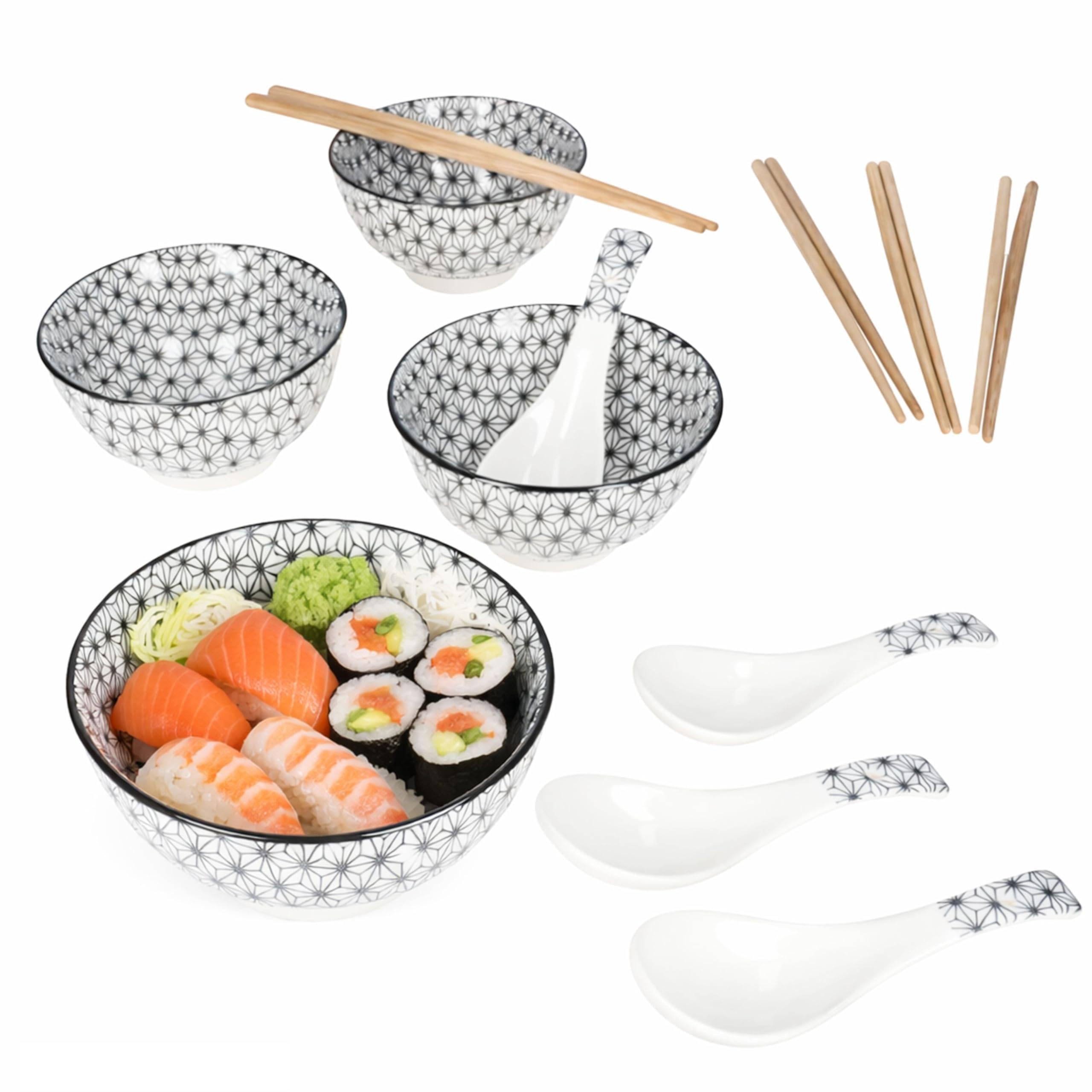 MamboCat Sushi Set für 4 Personen I asiatisches Geschirr Set aus Keramik & Bambus I schwarz weiß I je 4x Schale 230ml, Löffel & Stäbchen I für Sushi, Ramen & Suppen I Reis-Bowl