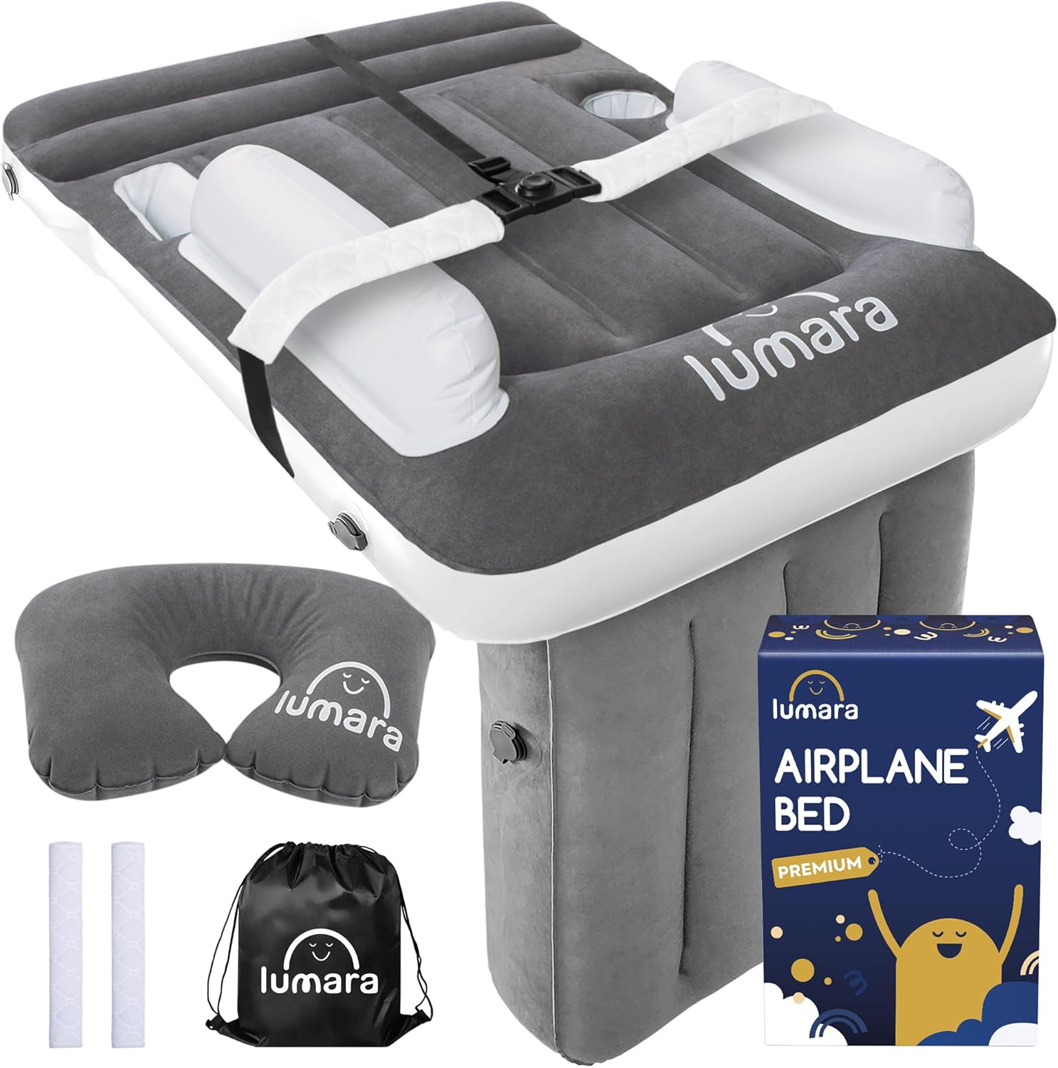 LUMARA Toddler Airplane Bed - Inflatable Airplane Bed for Toddlers, Plane Baby Mattress for Kids - Blow Up Air Mattress for Child Flight Sleep with Safety Belt, Innovative Valves, No Pump Needed