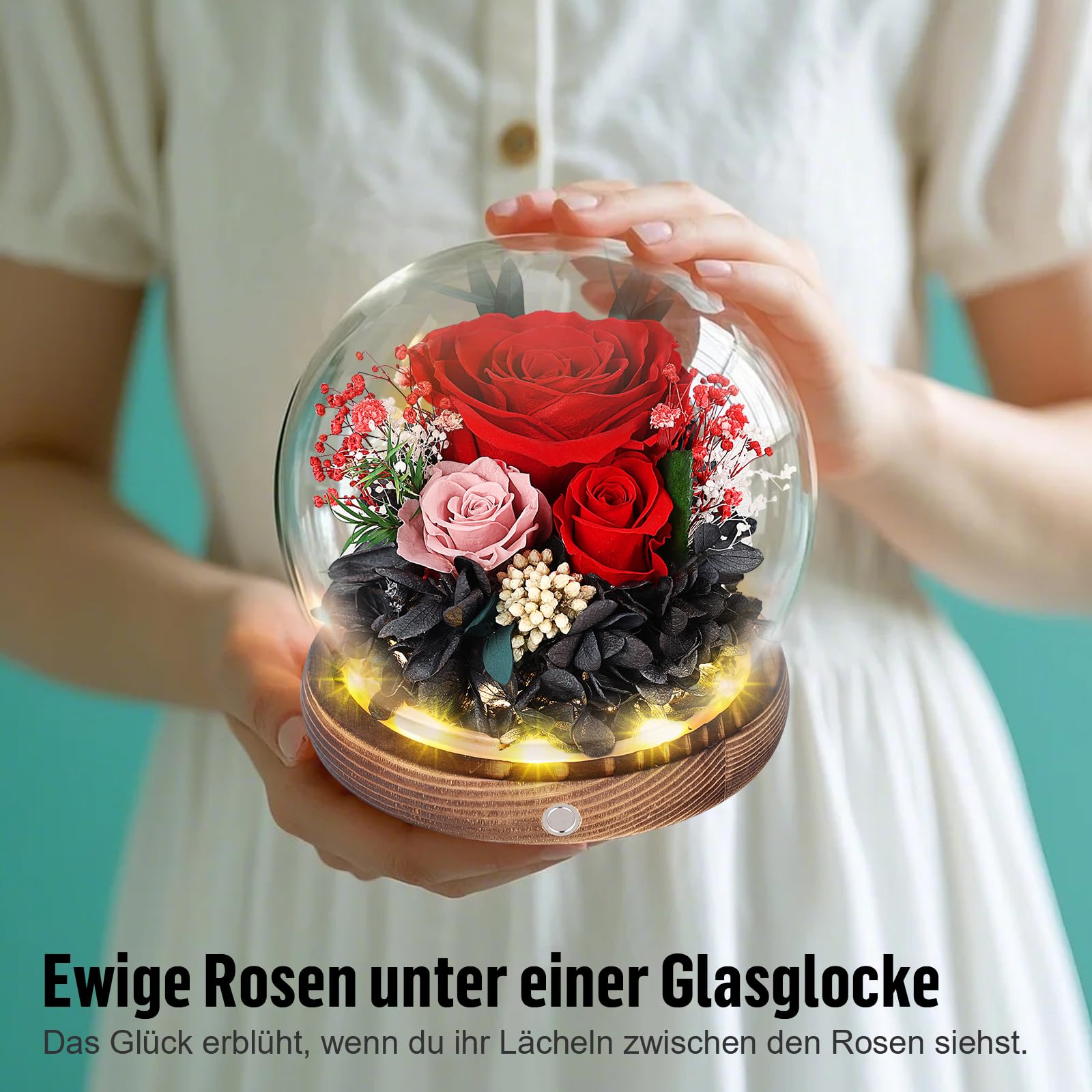 Ewige Rosen im Glas mit LED Licht, Infinity Rose, Konservierte Rosen aus echter Blume, Geschenk für Frauen, Mama oder Freundin, Valentinstag, Jahrestag, Geburtstag, Muttertag, Rote Rose