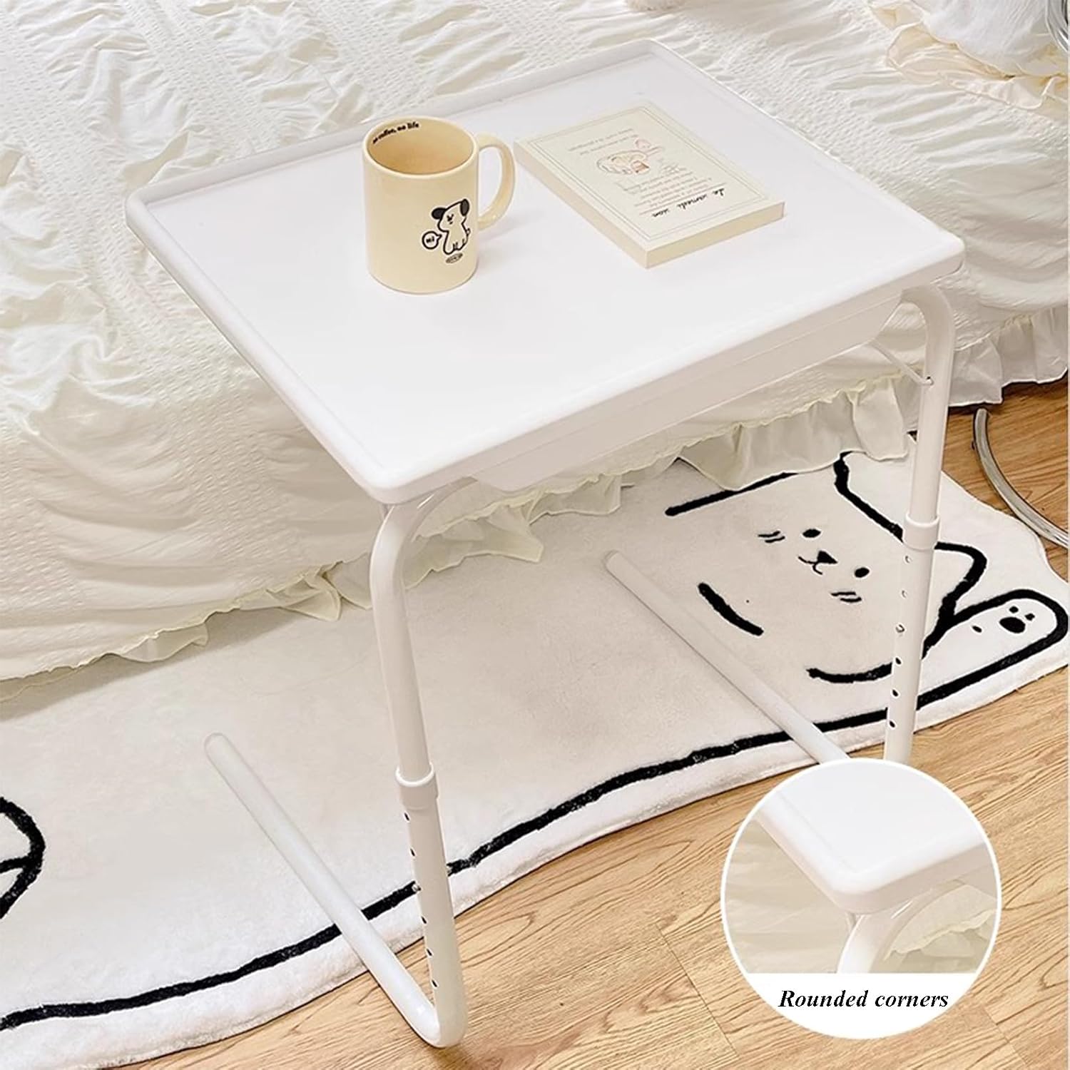White Overbed Table - Height Adjustable, Tilt Feature, Portable Over Hospital Bed Tray - Lightweight Chair/Bed Table for Elderly, Use for Meals - for Home Use or Medical