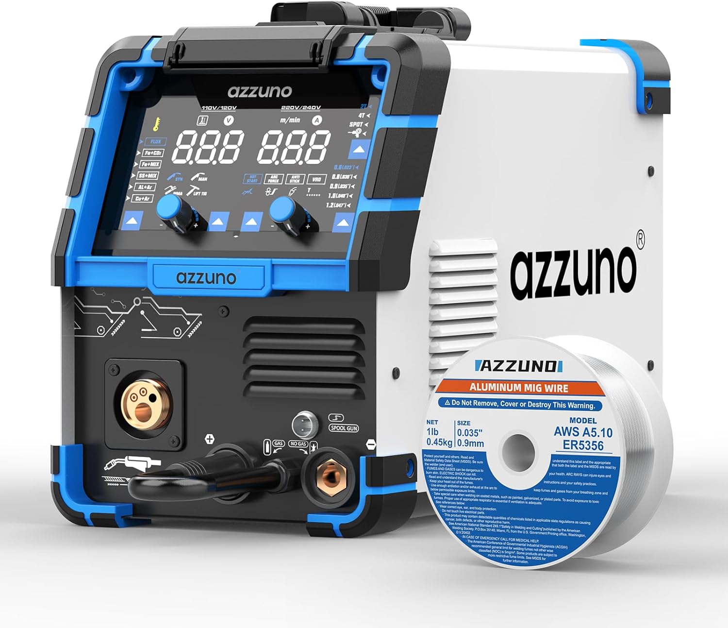AZZUNO 200A 8-in-1 MIG Welder & .035" Magnesium Aluminum Mig Welding Wire ER5356 1LB, 110V/220V Aluminum MIG/Gas MAG/Gasless Flux Core MIG/Gas MIG/Spot MIG/Spool Gun Compatible/Lift TIG/Stick Welding