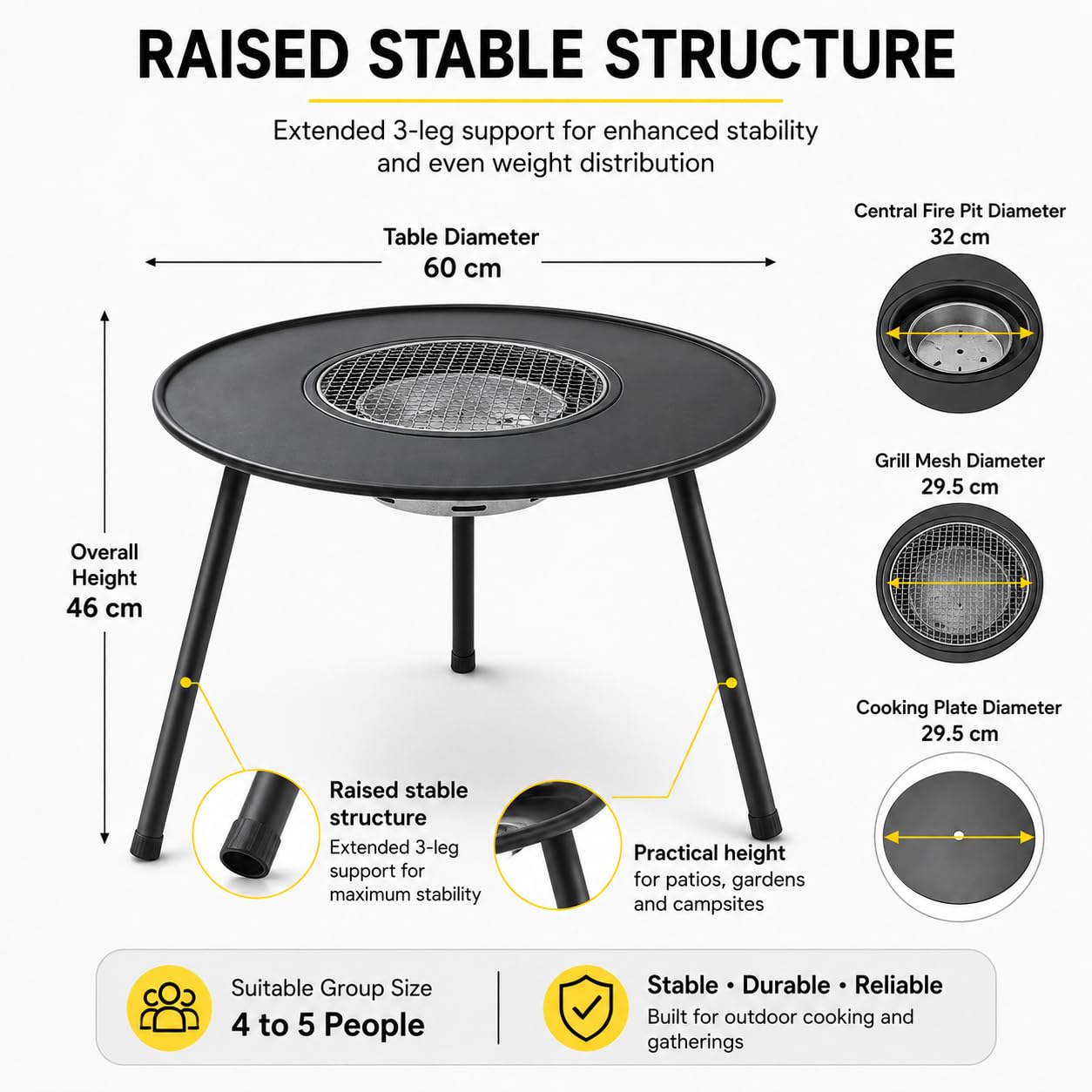 Stolik paleniskiem na węgiel drzewny, okrągły grill ogrodowy 60 cm