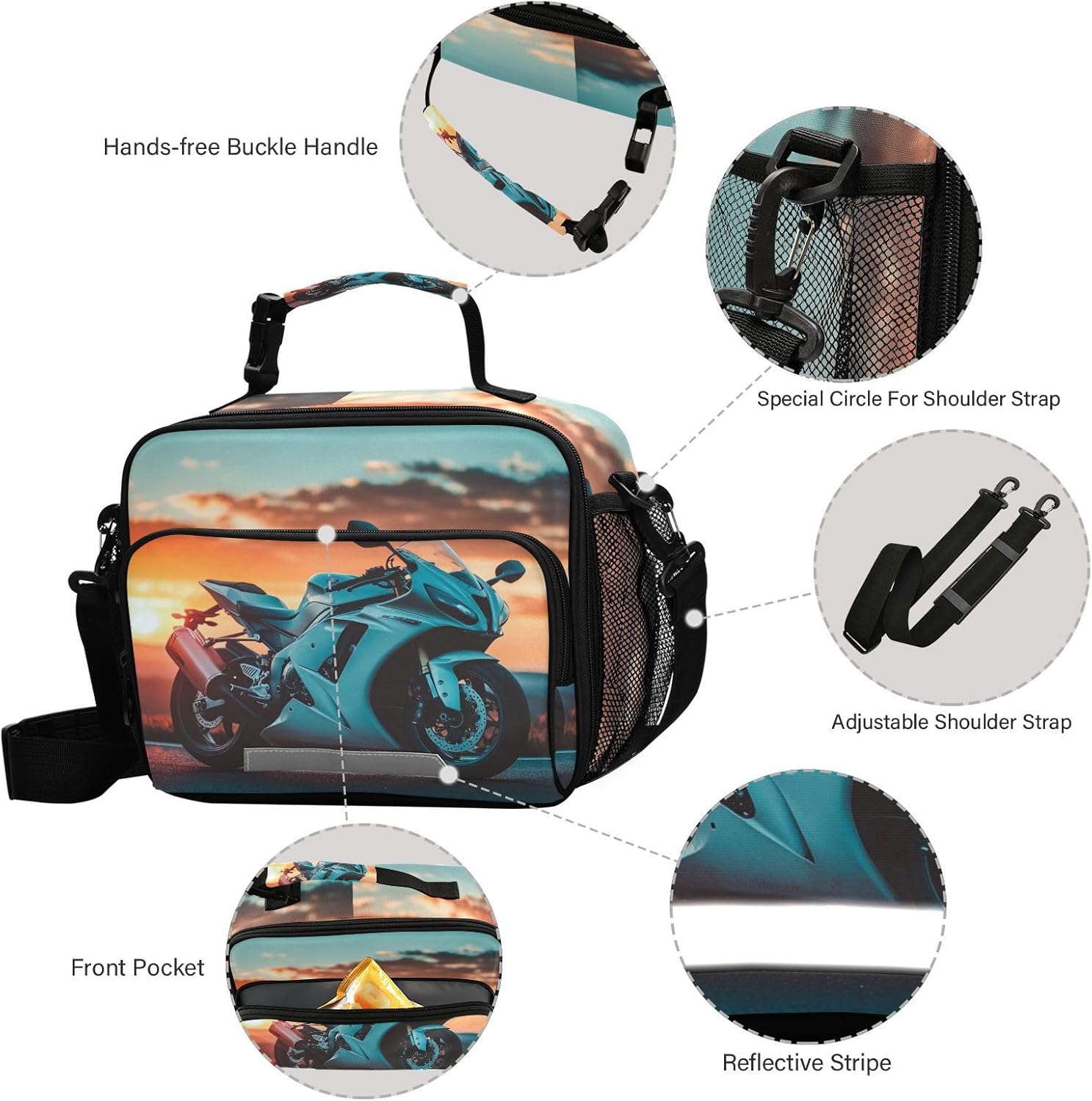 Sunset Motorcycle Lunch Box Insulated Lunch Bag Men Women Adult Cooler Tote Shoulder Strap Reusable for Picnic Travel Office