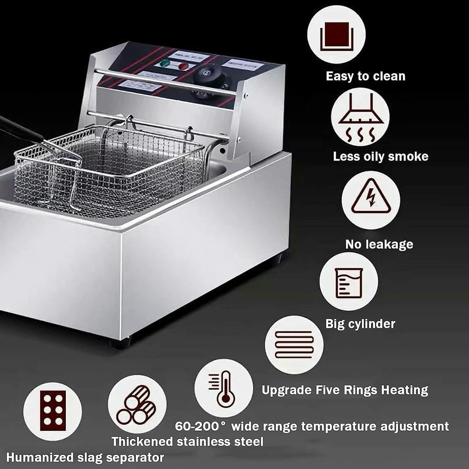 Small Deep Fat Fryer With Countertop Fryers Stainless Steel French Fries Electric Deep Fryers 10 Liter, Viewing Window, 60-200°C Adjustable Temperature Control