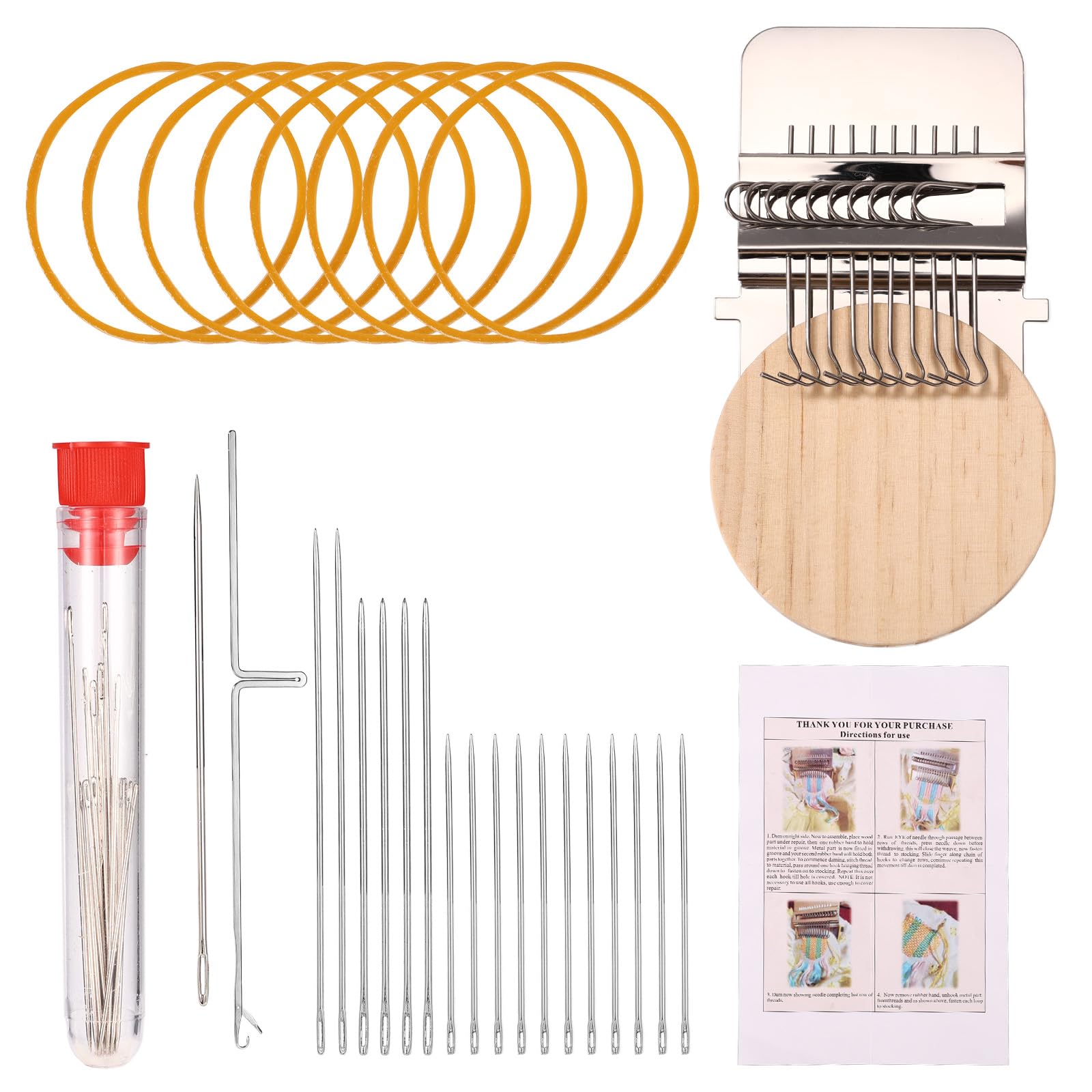 Mini Telar para Zurcir, con Agujas de Acero Inoxidable Tablero Redondo Madera Goma Elástica y Jeringa para Vaqueros Calcetines Reparación Ropa Tejido y Manualidades