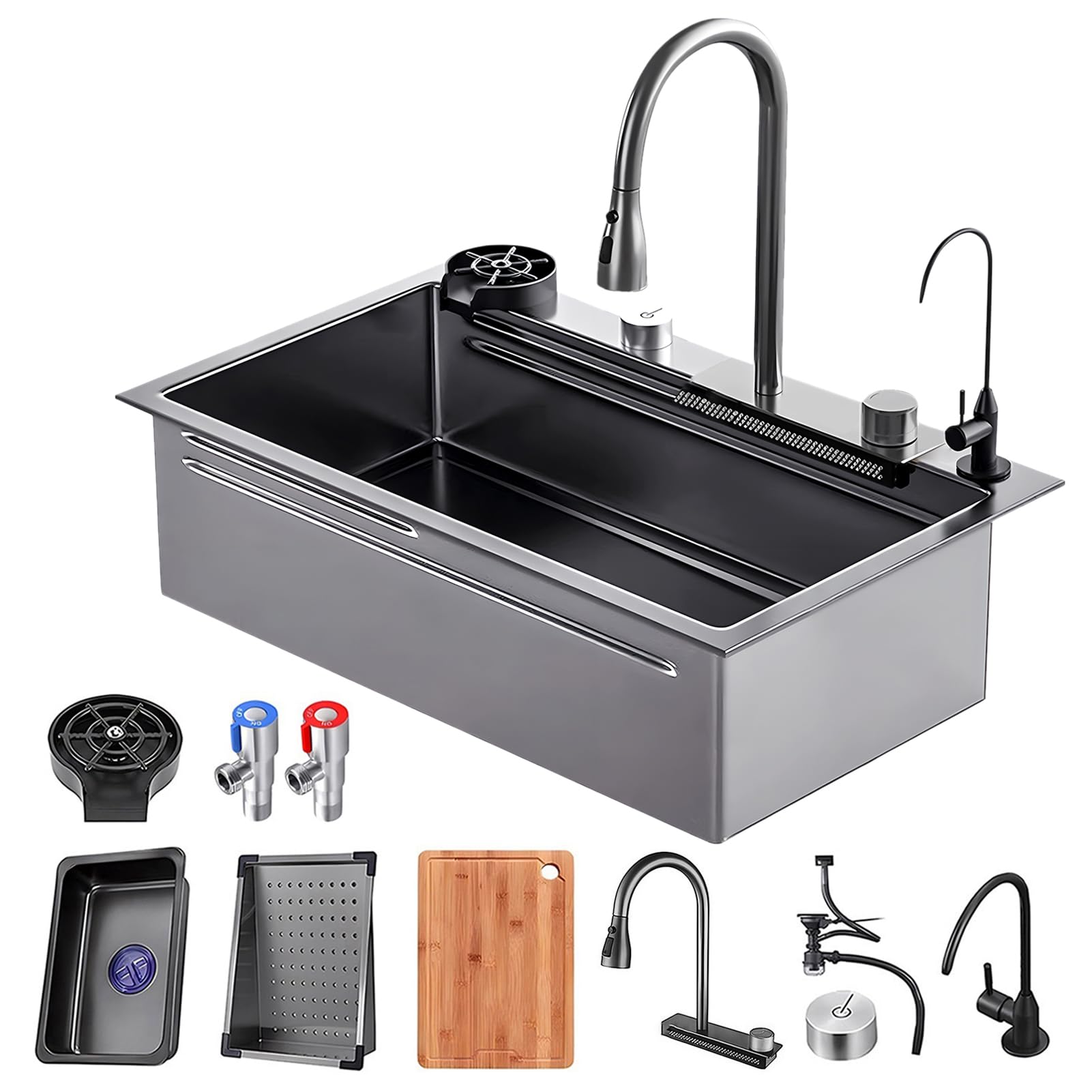 AIVANOTO 65 x 50 cm Waterfall Kitchen Sink, Black, XL Large Kitchen Sink, Rectangular Sink Stainless Steel with Siphon, Drain Fitting, Kitchen Sink, 1 Basin, Flush Surface